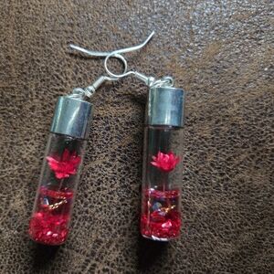 Silver and Red Floral Earrings